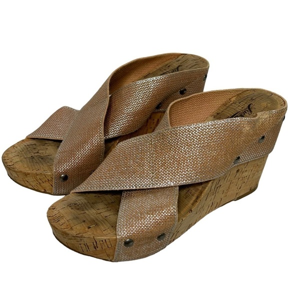 Lucky Brand Miller 2 Cork Wedge Sandals Women’s Canvas Straps in Rose Gold - Picture 2 of 16